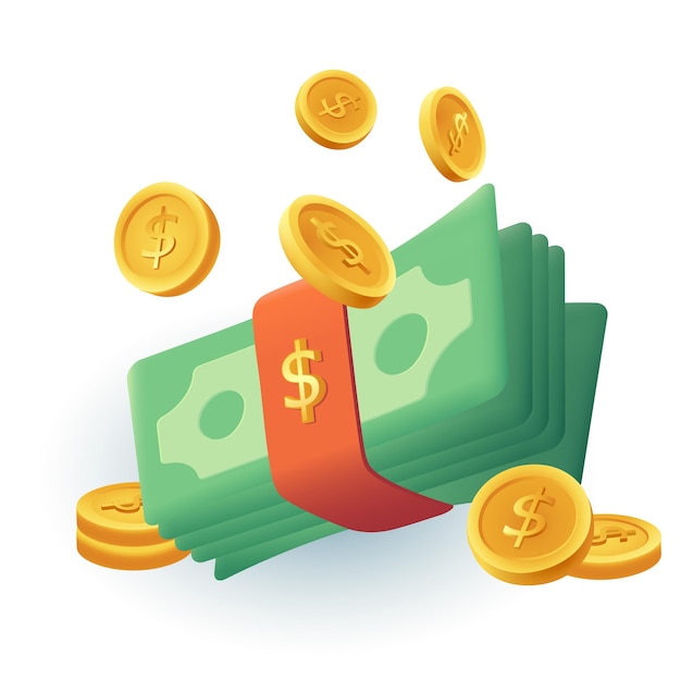 Free vector stack of money and gold coins 3d cartoon style icon. coins with dollar sign, wad of cash, currency flat vector illustration. wealth, investment, success, savings, economy, profit concept