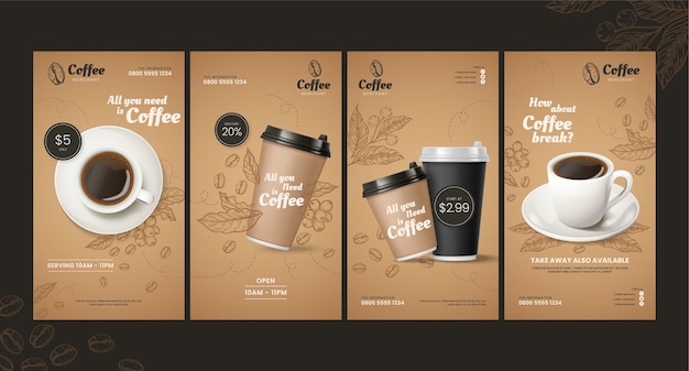 Free vector hand drawn engraving coffee shop instagram stories