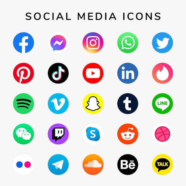 Free vector social media icons vector set with facebook, instagram, twitter, tiktok, youtube logos